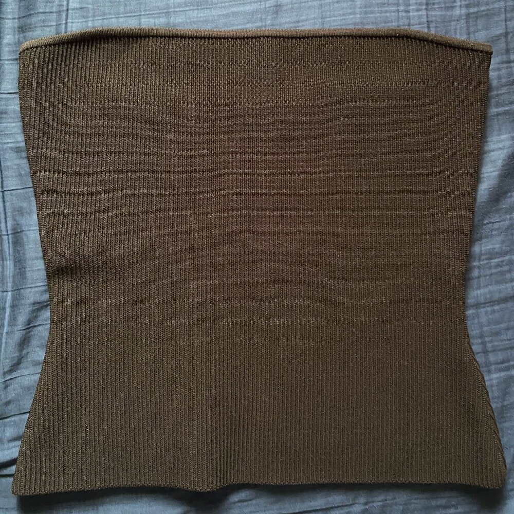 Babaton Olive Brown Ribbed Strapless Crop Top